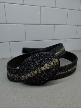Vintage Genuine Black Stingray Leather Belt with Oval Buckle
